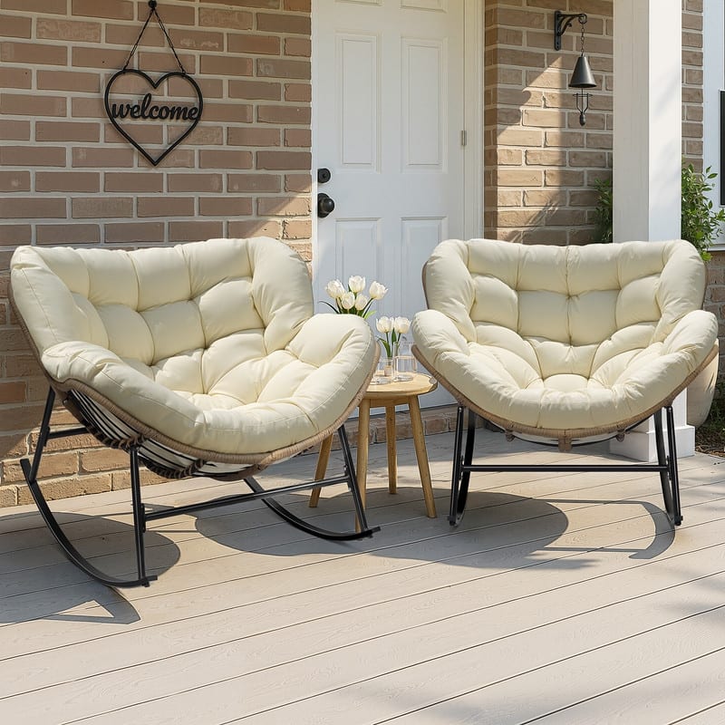 FINCATI Indoor Deep-seating Rocking Papasan Chair, Rocking Chair Outdoor, 450 lbs Outdoor Rocking Chair, Oversized Rocker Chair - 2 PCS-Beige