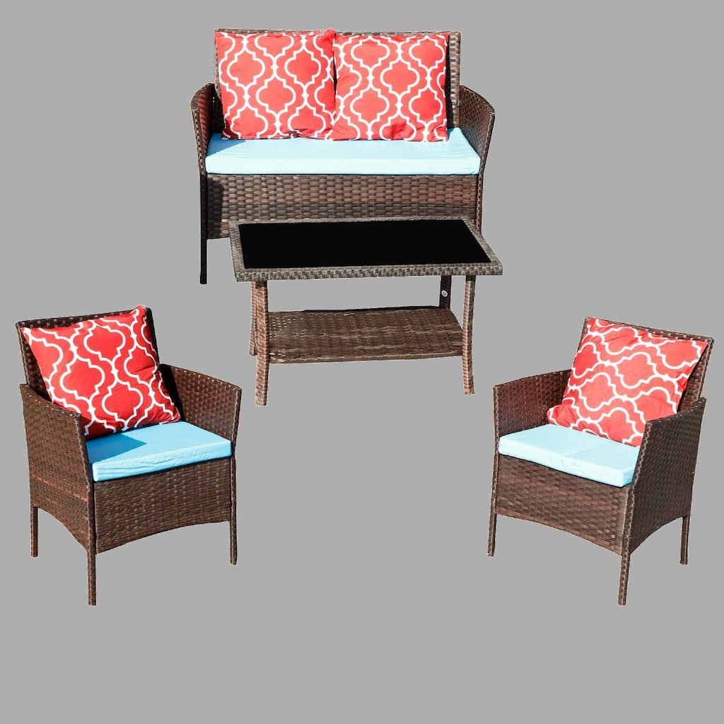 Outdoor 4-Piece PE Rattan Sofa Set with Cushions, Tempered Glass Coffee Table & Chairs, Fade Resistant, Weatherproof