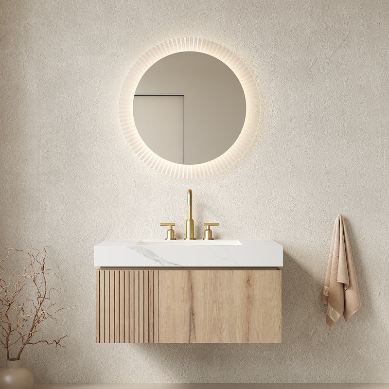 Floating Bathroom Vanity with Sintered Stone Top & Undermount Ceramic Basin with Three Pre-drilled Faucet Holes - 35.83'' x 18.9'' x 17.72'' - White Oak and Carrara White