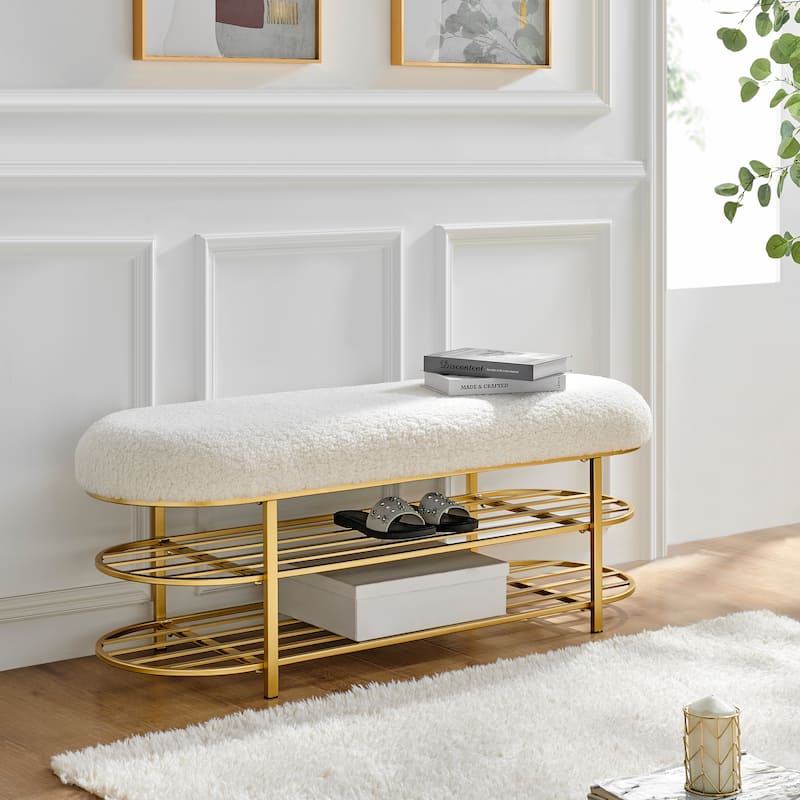 NPD Furniture Frisly Shearling Fabric Bench with Shelf