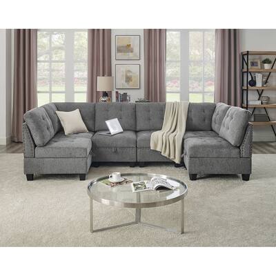 Grey 4 Single Chair Modular Sofa Set w/ Hidden Storage & 2 Corner Chaise Lounges Chenille DIY Sectional Sofa for Living Room