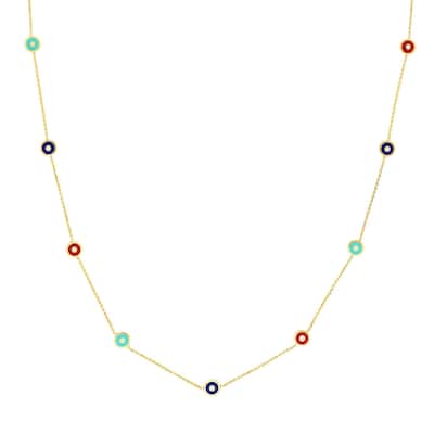 Marquee Jewels 14K Solid Yellow Gold Mixed Enamel Round Evil Eye Station Adjustable Necklace