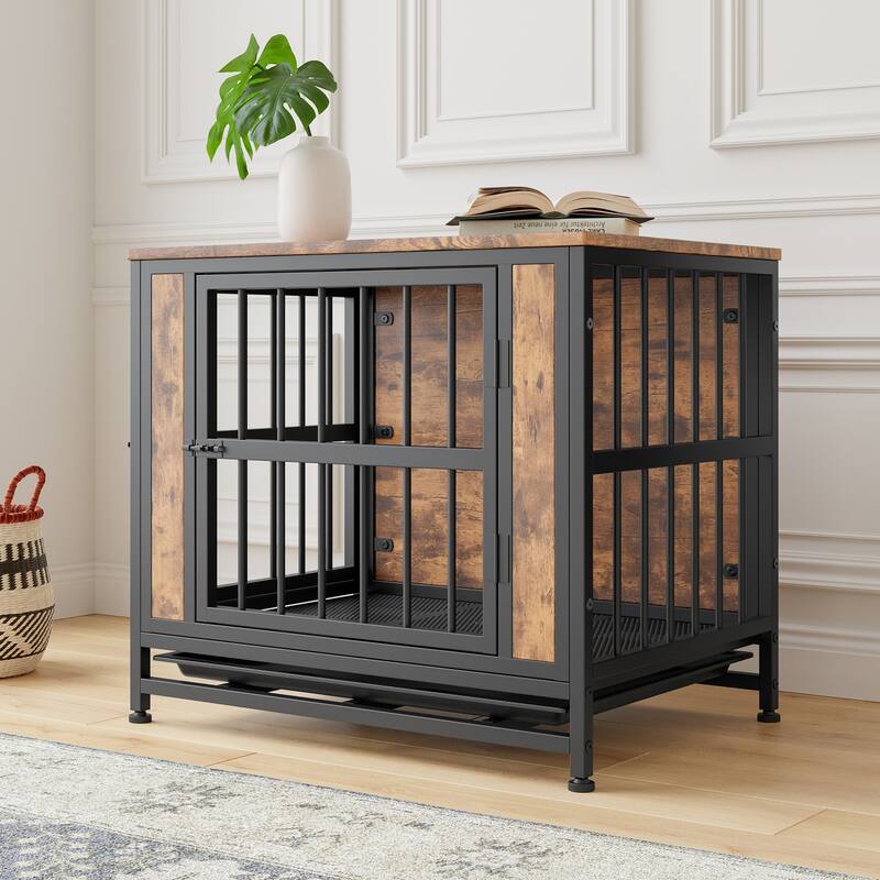 Dog Crate Furniture, Wooden Dog Crate Table, 27.48" Dog Kennel with 2 Sliding Doors and Thick Iron Door Frame, for Small Dog