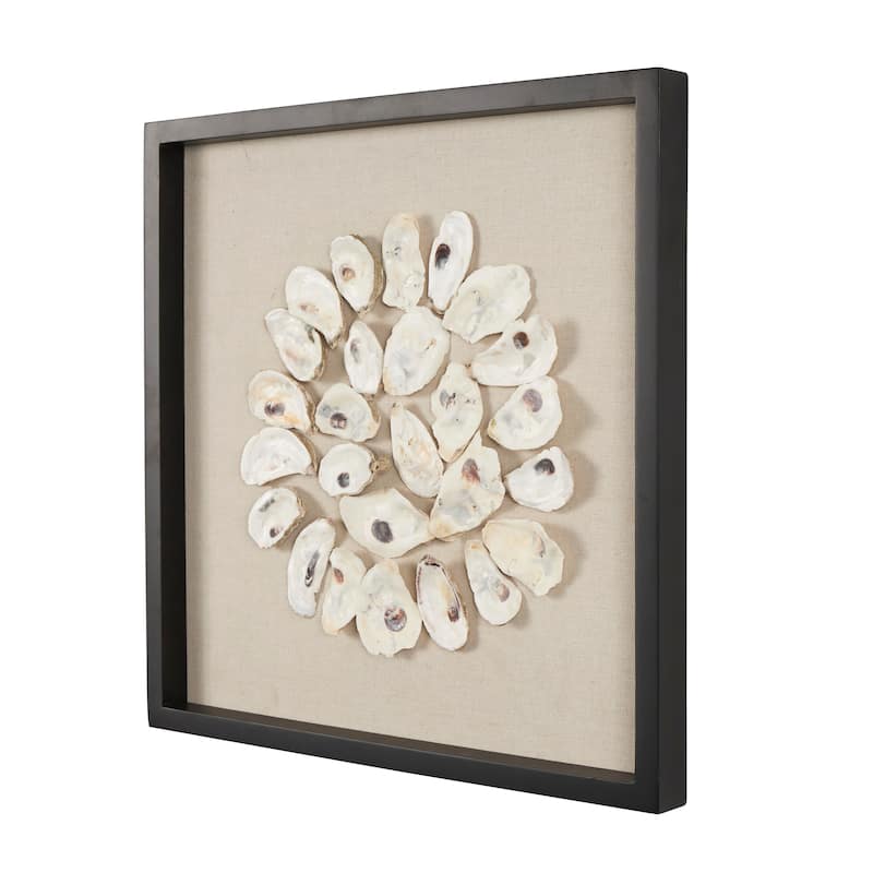 Cream Shell Handmade Abstract Circular Shell Wall Decor with Beige Linen Backing and Black Frame