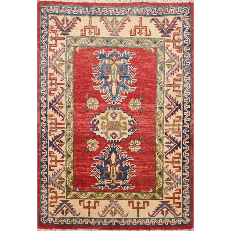 Geometric Red Kazak Oriental Rug Handmade Traditional Wool Carpet - 2'0" x 3'0"