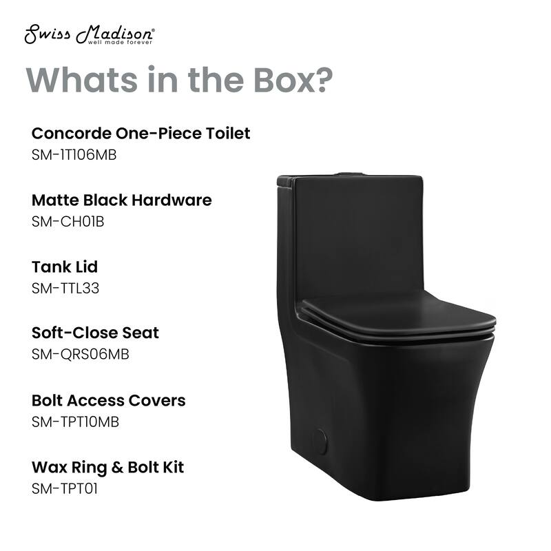 Concorde One Piece Square Toilet Dual Flush In Matte Black, Black Hardware 1.1/1.6 Gpf - 26.05" x 14" 29.25"