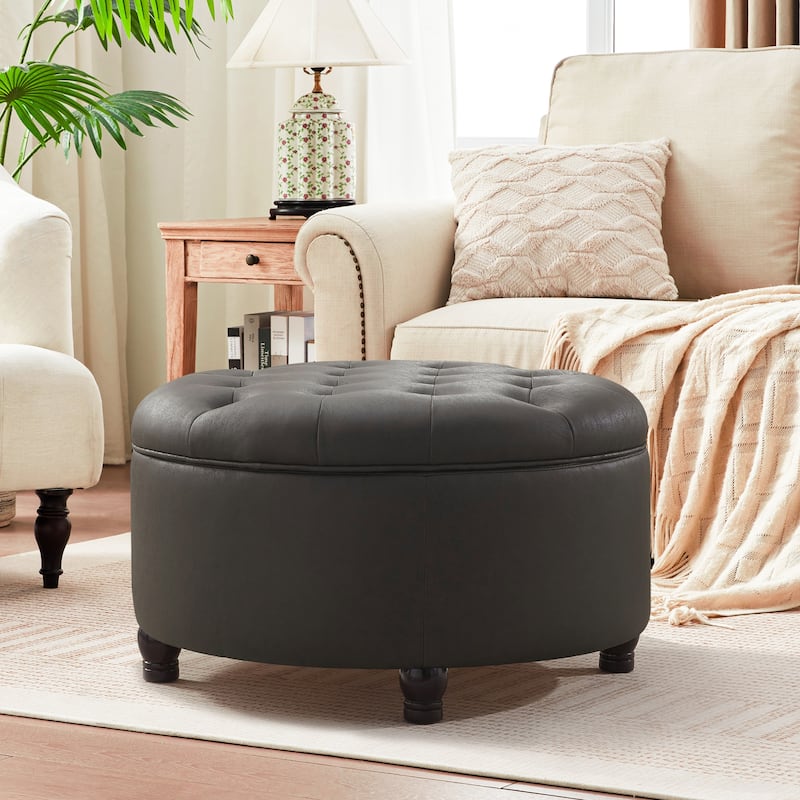 Tufted Round Storage Ottoman, Faux Leather - Black