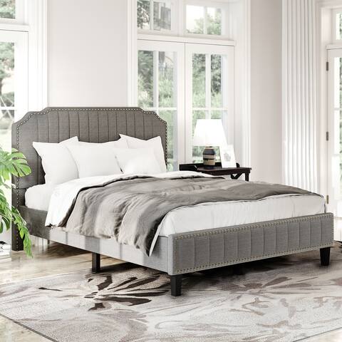 Modern Linen Curved Upholstered Platform Bed (Queen)
