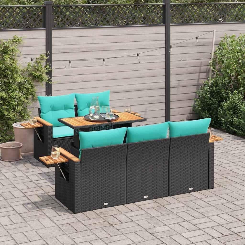 vidaXL Patio Sofa Set with Cushions Seat Sections 6 Piece Poly Rattan Acacia - 21.7 x 24.4 x 27.2
