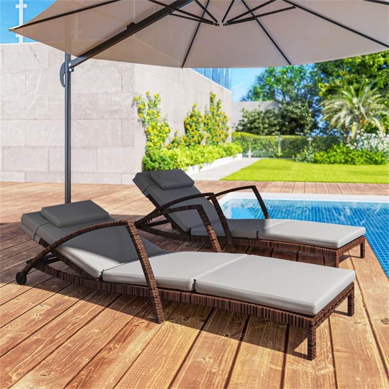 2-Piece Outdoor Rattan Adjustable Backrest Sun Lounger Set with Cushions and Wheels Included - 72.8" L x 28.3" W x 30.7" H - Brown-Grey