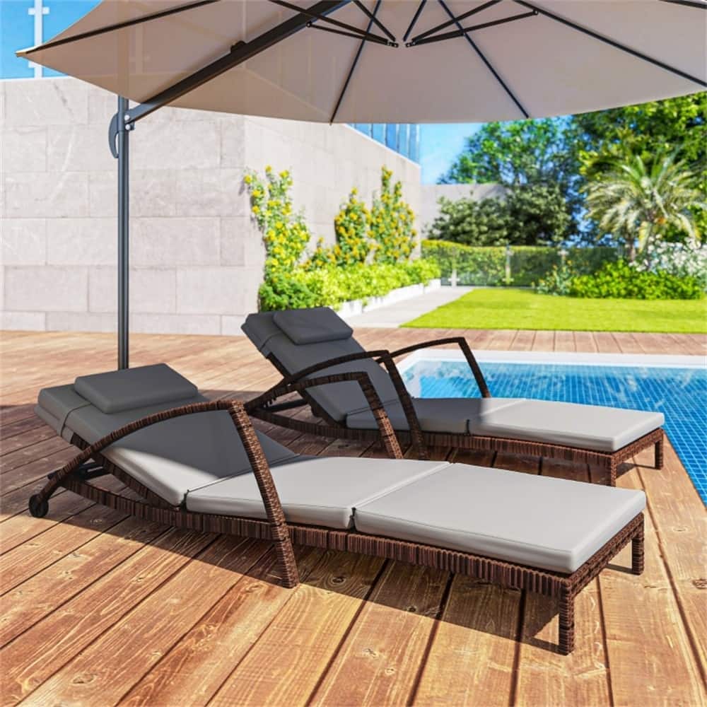 2-Piece Outdoor Rattan Adjustable Backrest Sun Lounger Set with Cushions and Wheels Included - 72.8" L x 28.3" W x 30.7" H