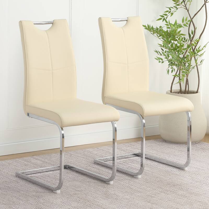 Modern PU Dining Chair Living Room Chair Upholstered Chair, Electroplated Metal Chair Leg Design, Kitchen (Set Of 2) - Light Yellow