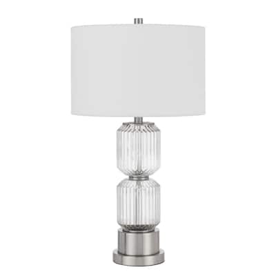 Nickel Metal Table Lamp with White Drum Linen Shade and 3 Way Dimmable Switch - 15” x 15” x 27.75” (D x W x H)