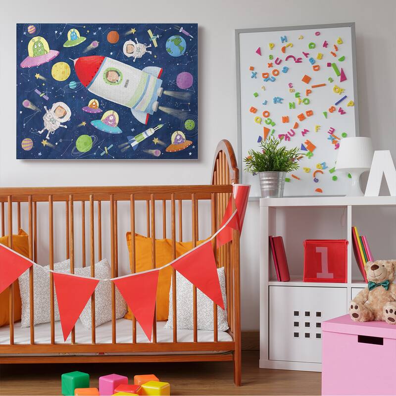 Stupell Outer Space Alien Adventure Astronaut Rocketship Canvas Wall Art - Blue