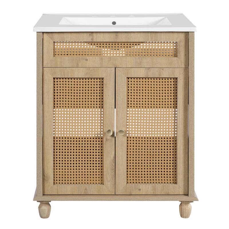 30" Bathroom Vanity with Handwoven Rattan Doors, Solid Wood Legs & Resin Basin