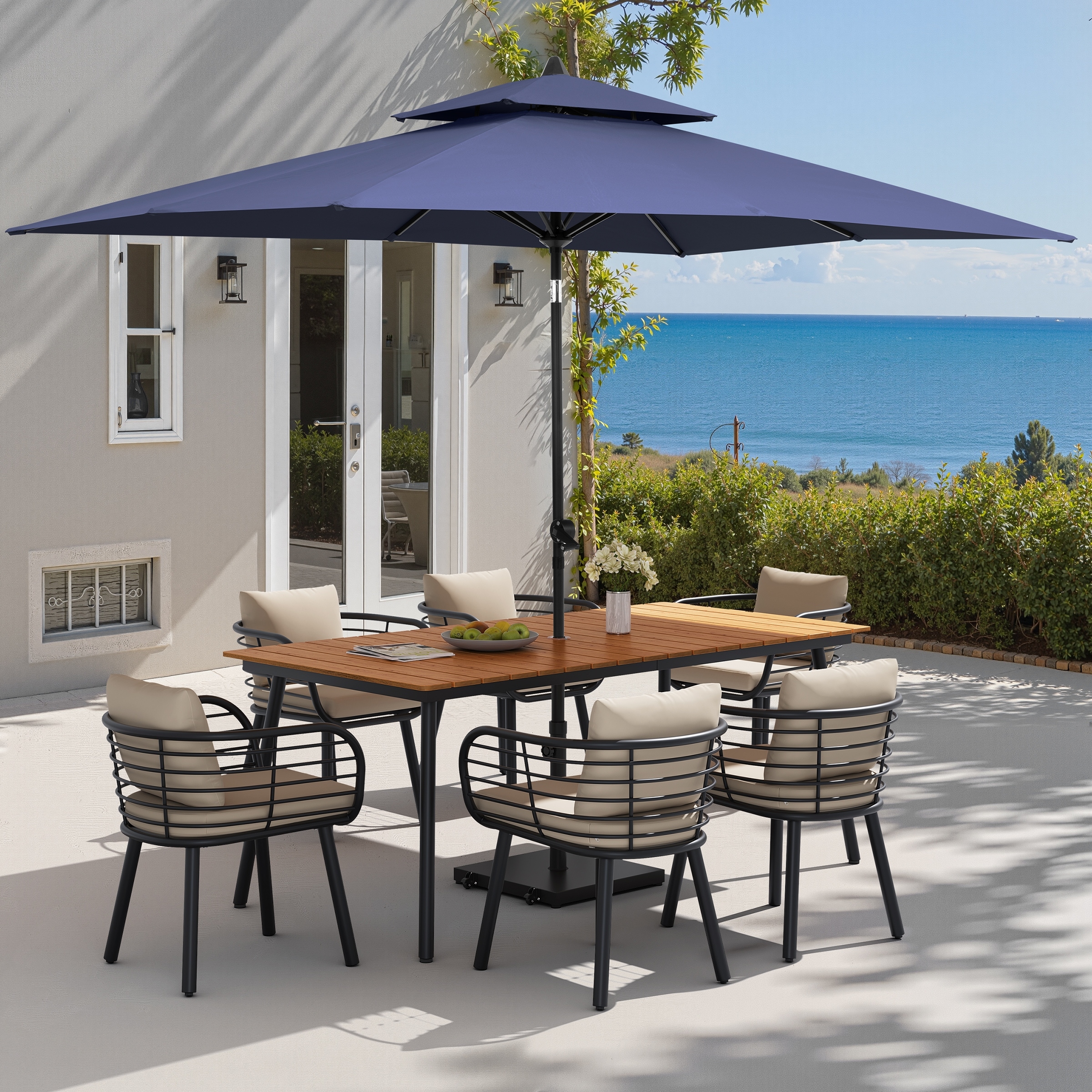 9PC Outdoor Patio Dining Set Aluminum Table with Sunbrella Cushion Chairs w/ Premium Market Umbrella Sets