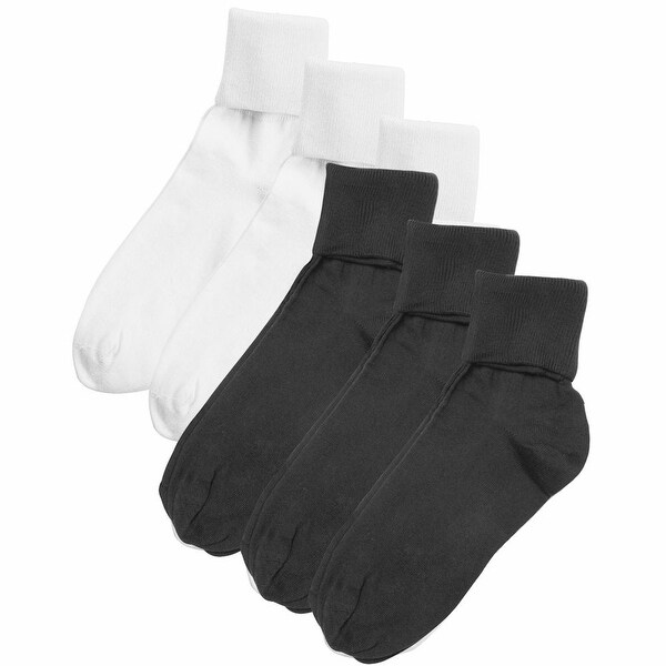 Women's Buster Brown 100% Cotton Fold Over Socks - 6 Pair Pack - White/Black