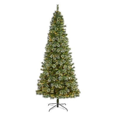 9ft. Slim Snow Tip Pine Artificial Christmas Tree with 800 Clear LED Lights - Tall Elegant Holiday X-Mas Glow