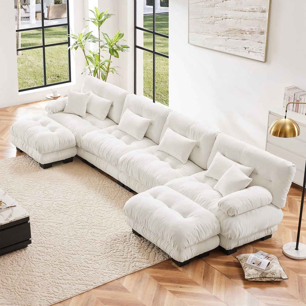 GDFStudio - Alden Chenille 4 Seater Cloud Sofa with Twin Ottoman Set