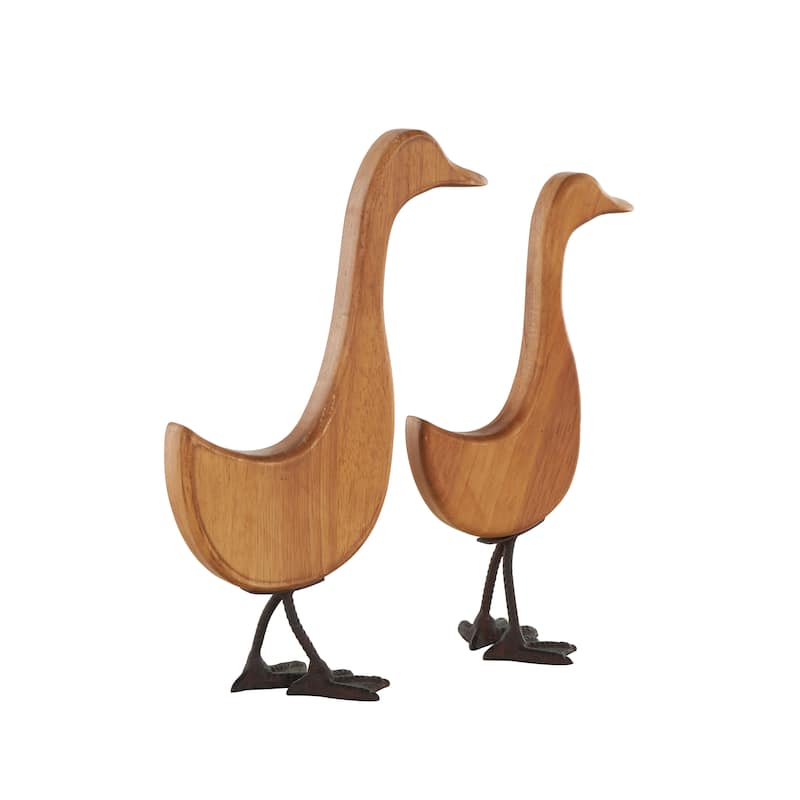 Brown Wood Abstract Minimalistic Duck Decorative Garden Sculpture with Black Metal Feet (Set of 2)