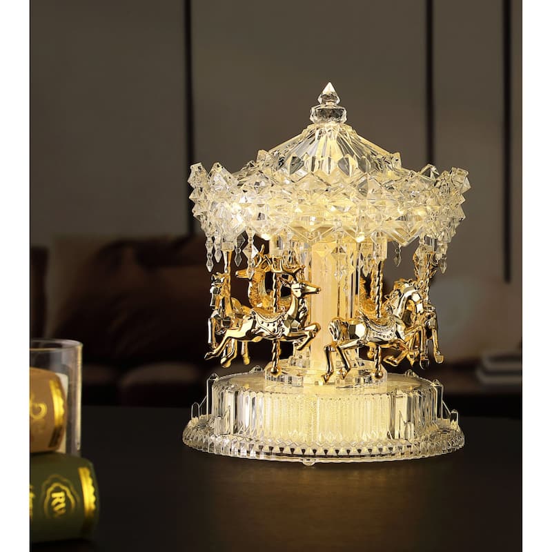 Rotating Carousel Horses Christmas Decoration - 10" - Clear and Gold