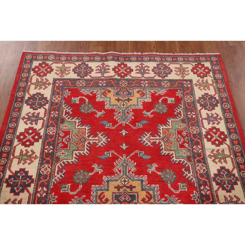Kazak Oriental Area Rug Hand-Knotted Bedroom Red Wool Carpet - 4'2" x 6'0"