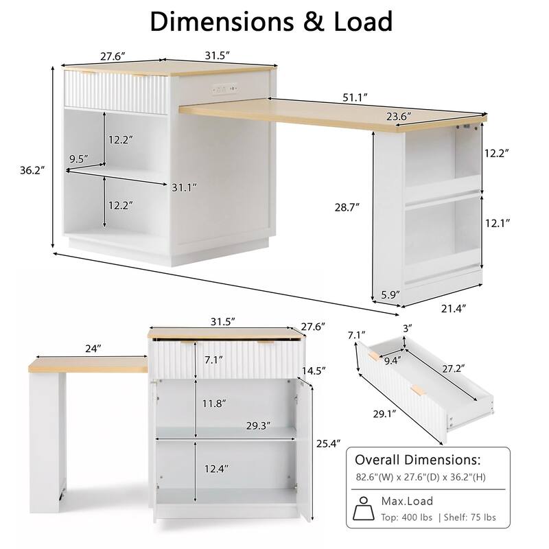 82.6" Fluted Kitchen Island with Extendable Dining Table and Power Outlet for Modern Kitchen Spaces