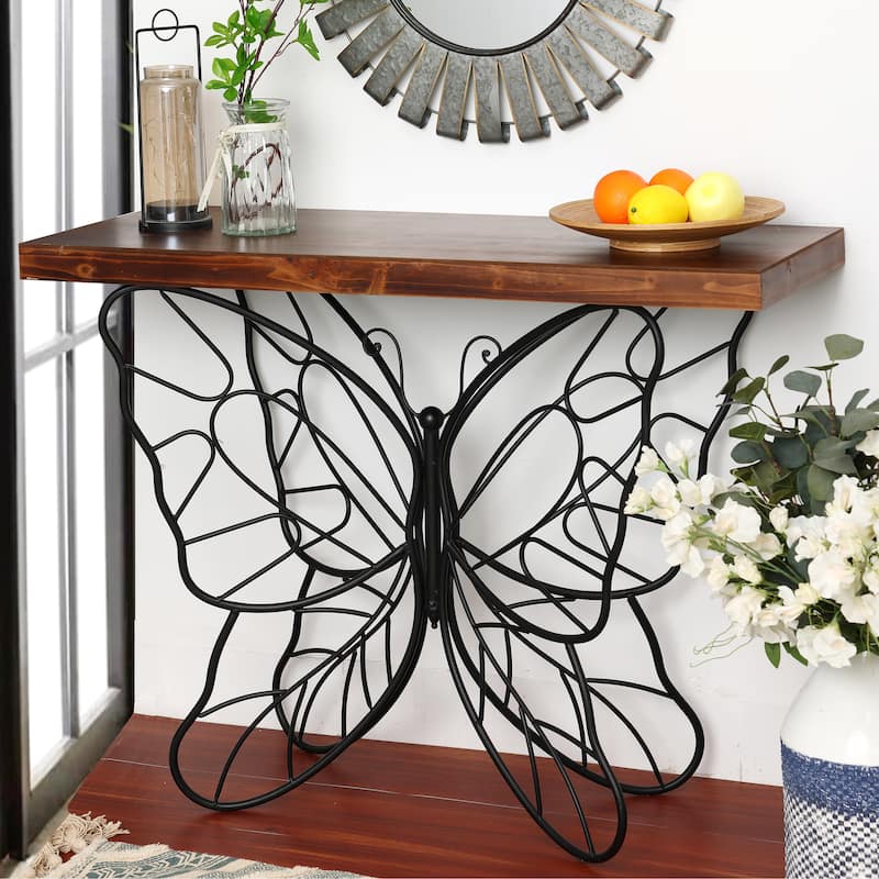Butterfly Black and Brown Metal and Wood Accent Table - 31.25" H x 40.75" W x 16" D