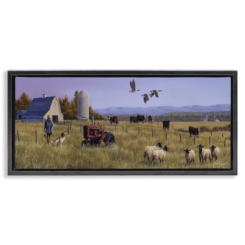 Stupell Geese Over Lush Farm Scene Framed Floater Canvas Wall Art Design By Frank Parker (Young) - 31 x 14 - Black
