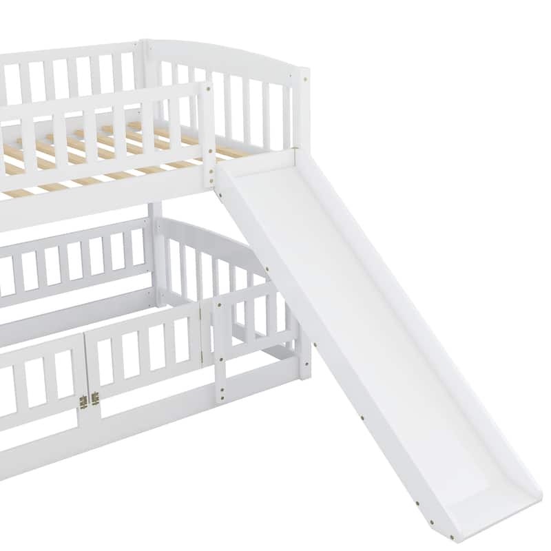 Bunk Bed with Slide,Twin Over Twin Low Bunk Bed with Fence and Ladder for Kids Teens White