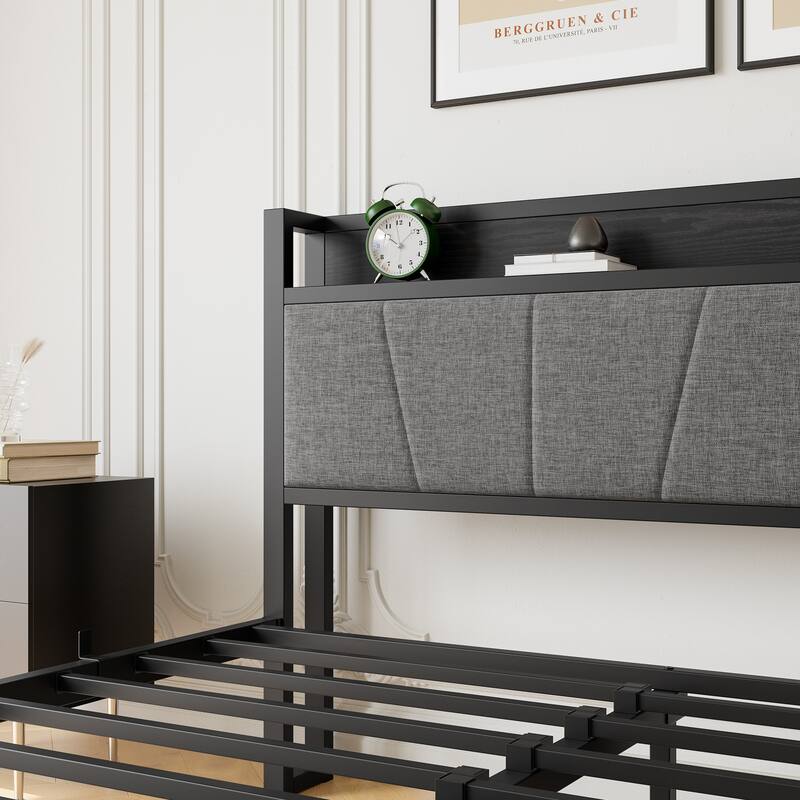 Queen Platform Bed with Upholstered Headboard, Built-in USB Ports & Outlets, Storage Shelf, Metal Frame with Under-Bed Space