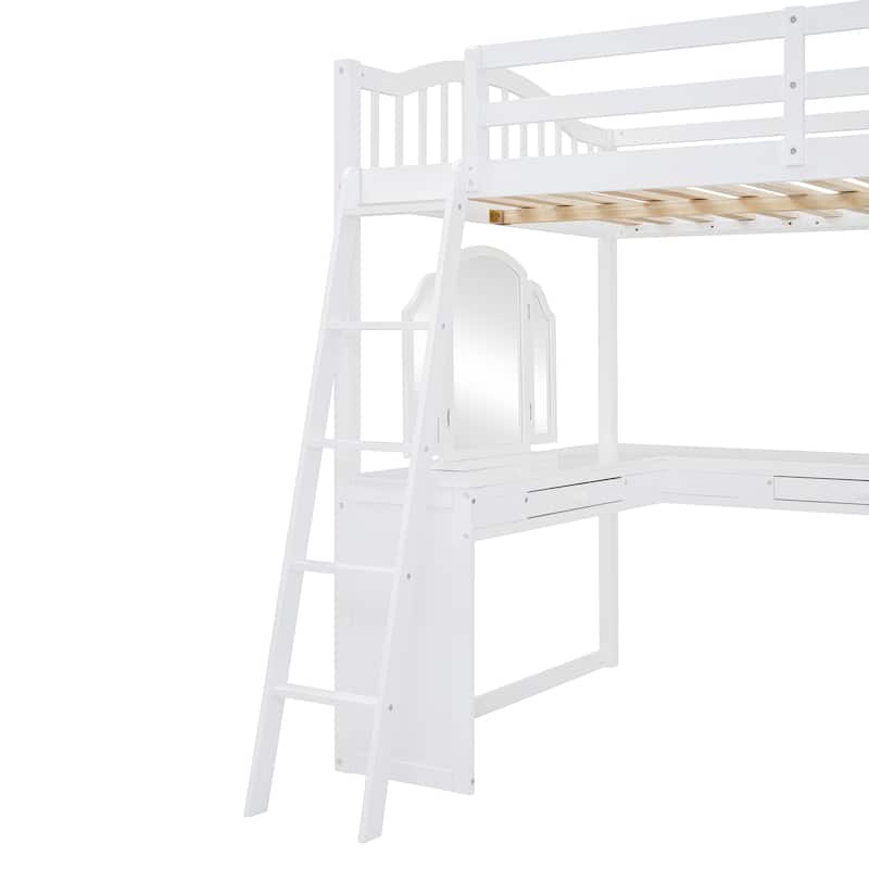 Full Wooden Loft Bed with U-shaped Desk,Storage Compartments and Tri-fold Mirror, White