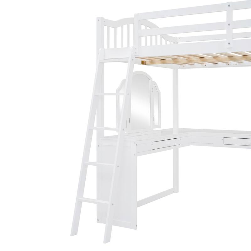 White Full Wooden Loft Bed with U-shaped Desk and Storage Compartments