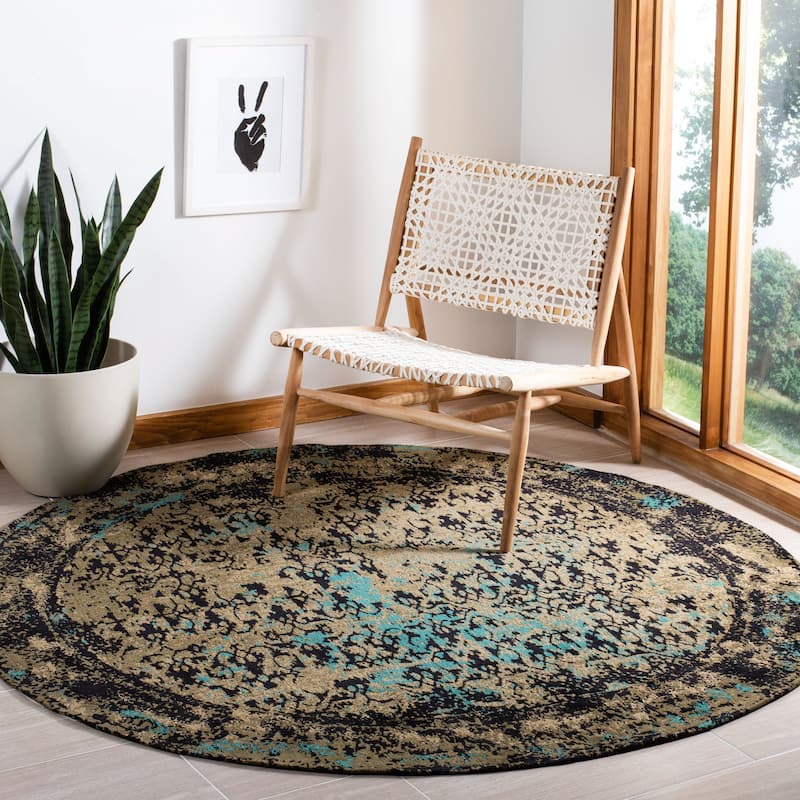 SAFAVIEH Classic Vintage Boho Milyonka Distressed Oriental Cotton Rug - 6' Round - Black/Olive
