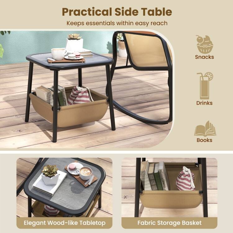 3 Piece Black-Brown Metal Fabric Patio Rocking Chairs with Table Storage - Chair: 29" x 24" x 29.5"