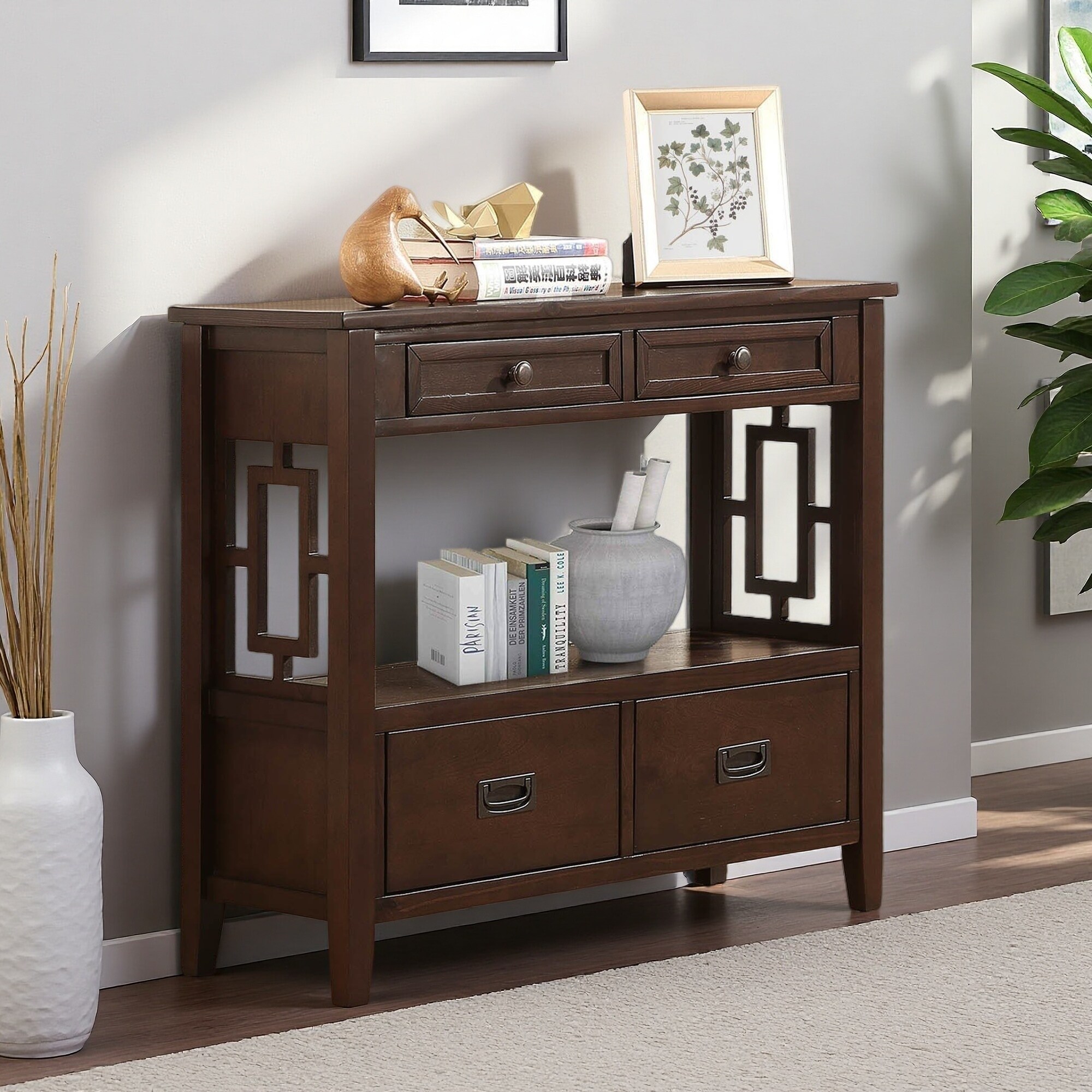 36" Farmhouse Pine Wood Console Table with 4 Drawers & 1 Storage Shelf, Vintage Entry Sofa Table for Living Room, Bedroom