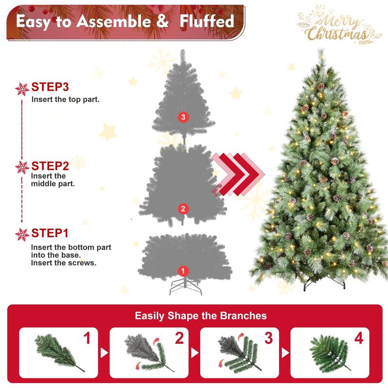 Pre-Lit Artificial Christmas Tree - Warm White LED Lights, Pine Cones, Hinged Branches, Metal Stand - Green