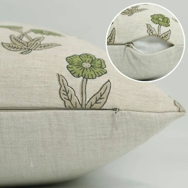 Green Floral Design Block Print Pillow Cover - Kirti