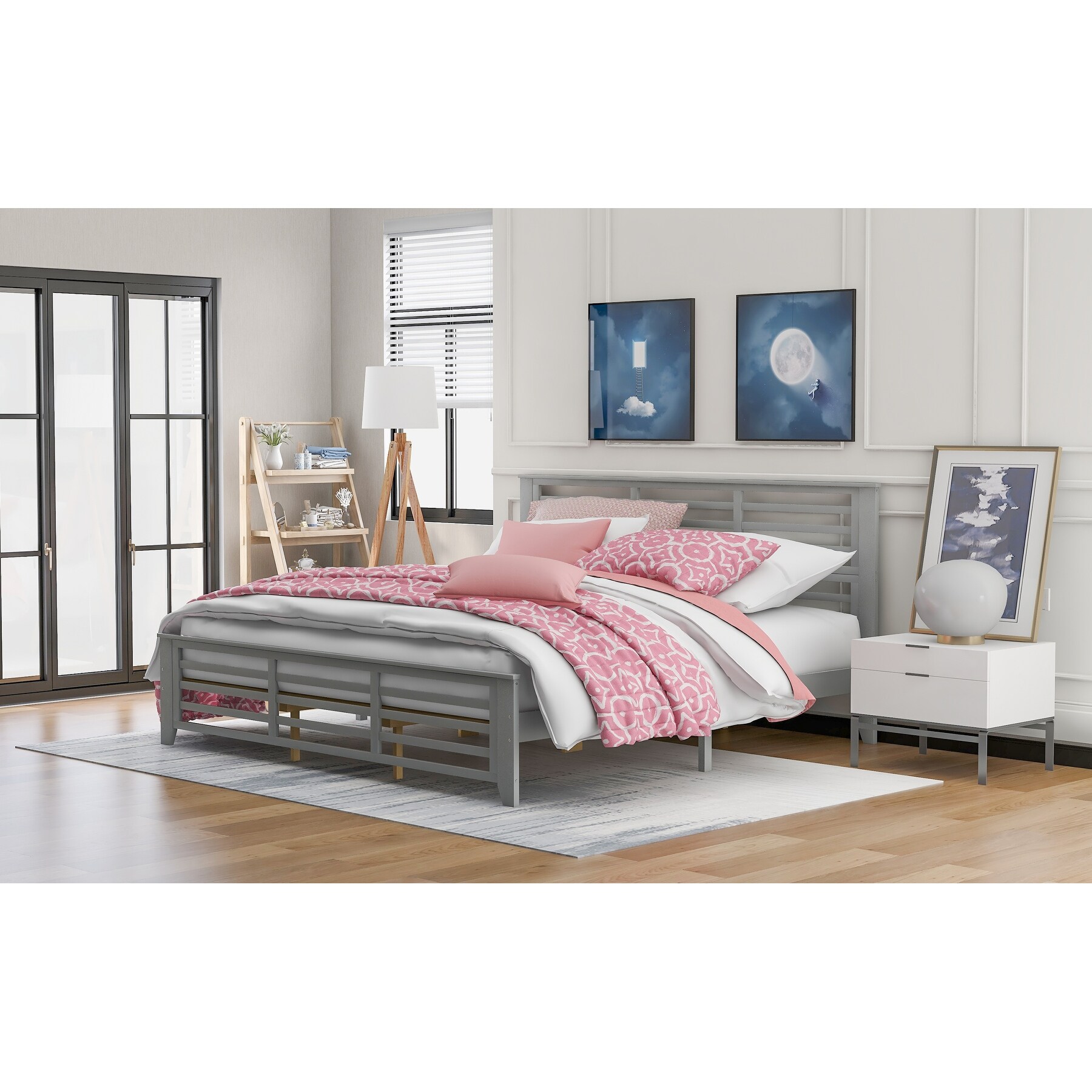 King Size Wood Platform Bed with Horizontal Strip Hollow