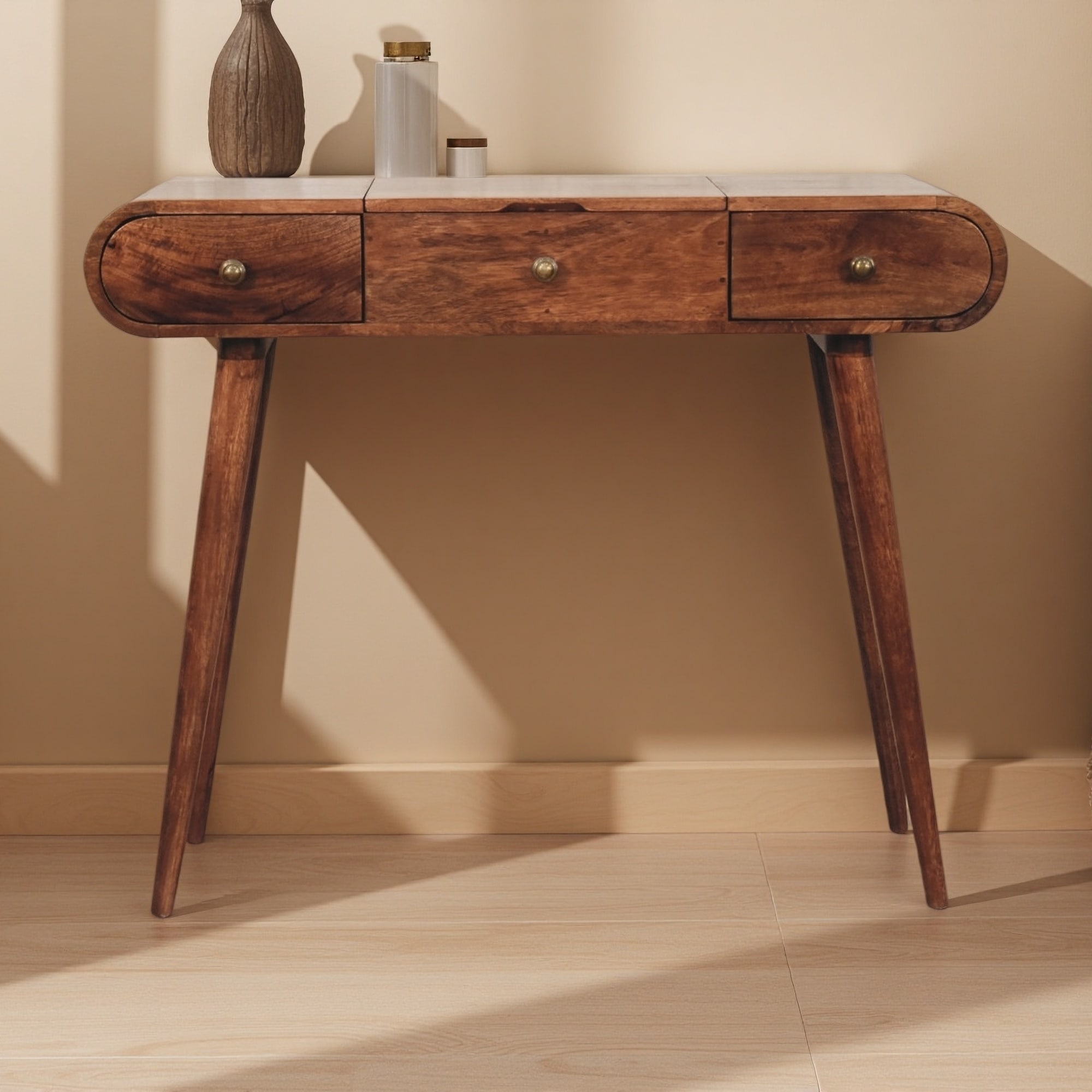39.4" Solid Wood Vanity Table with 3 Drawers and Foldable Mirror