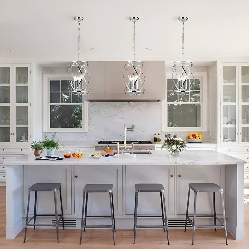 Black Island Pendant Lighting Cylinder Lantern Chandelier 3 Light, Modern LED Hanging Ceiling Light