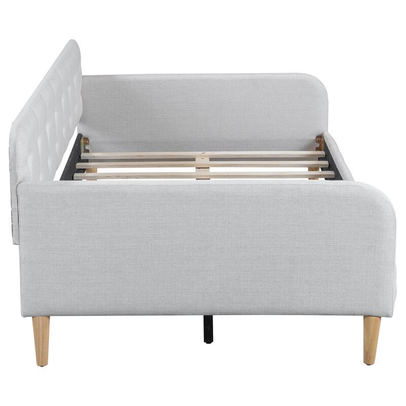 Modern Twin Size Daybed Bed Frame, Linen Upholstered Platform Bed with Wood Slatted and Button Backrest Headboard