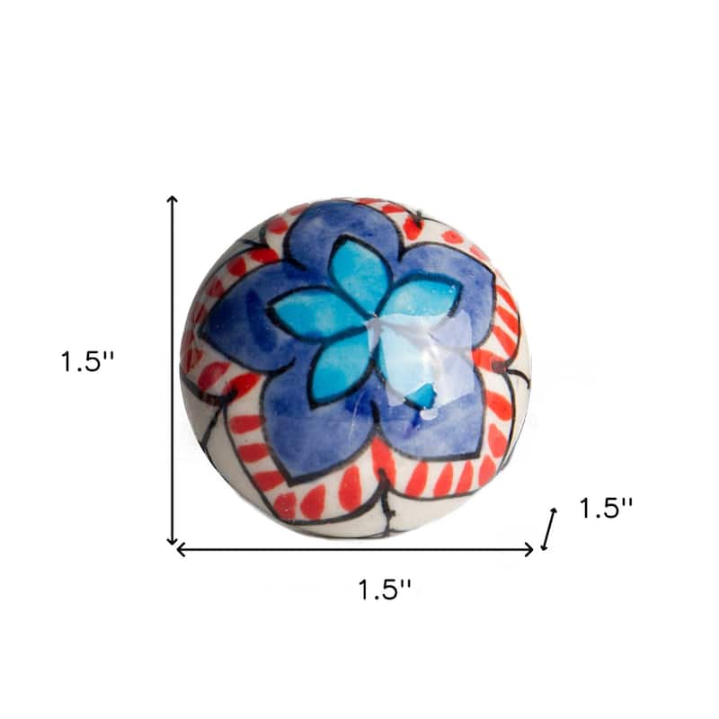 HomeRoots Set of Eight Blue And White Floral Ceramic Drawer Pull Knobs - 1.5" x 1.5" x 1.5"