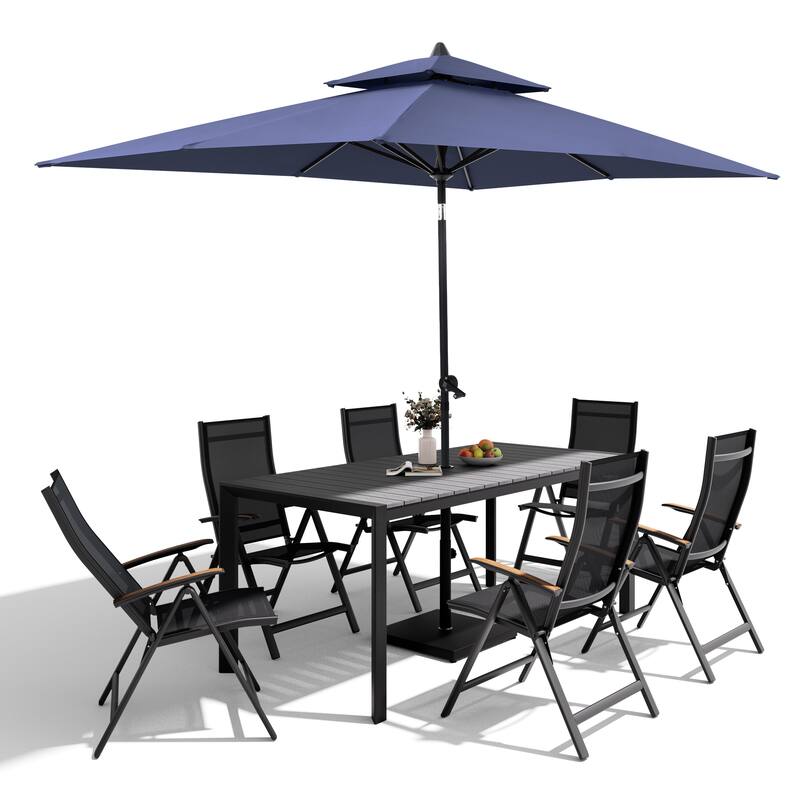 9-Piece Outdoor Patio Dining Set Wood Like Aluminum Umbrella Hole Table with Folding Chairs, Market Umbrella and Base