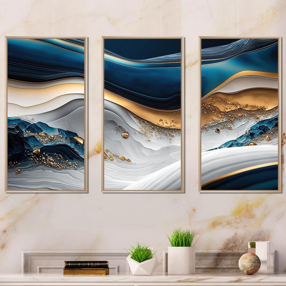 Designart "Abstract Geode Waves Blue II" Modern Waves Framed Canvas Art Print - 3 Panels