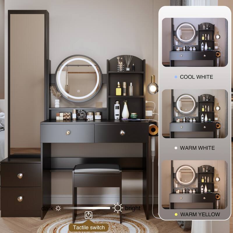 Makeup Vanity Desk with Mirror Cabinet & Cushioned Stool, Vanity Table Dressing Table w/ 4 Drawers, Storage Shelves & LED Mirror