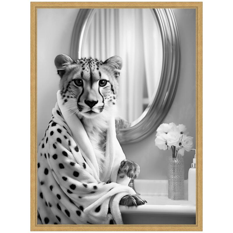 Kate and Laurel Sylvie Cheetah Glam Bathroom Towel Robe Black and White Framed Canvas by The Creative Bunch Studio