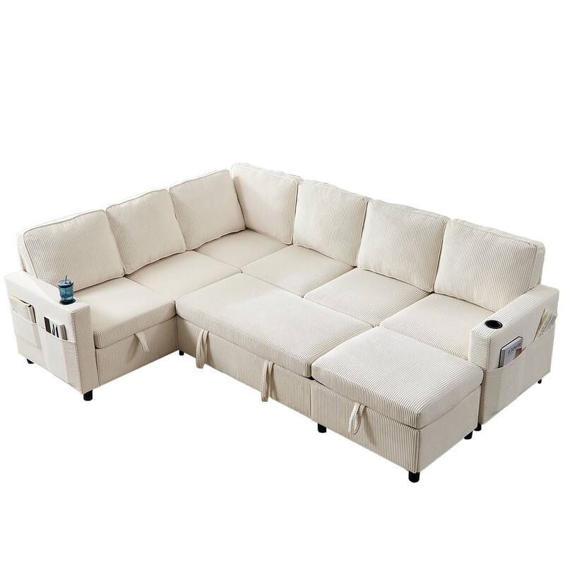 Mixoy 6 Seat U-Shaped Modular Sectional Sofa with Pull Out Bed, Sleeper Sofa Bed with Cup Holders & Storage