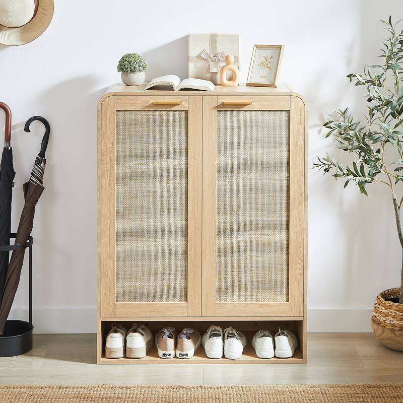 GDF Studio - Lindenwave Coastal Rattan and Wood Shoe Storage Cabinet with Adjustable Shelves
