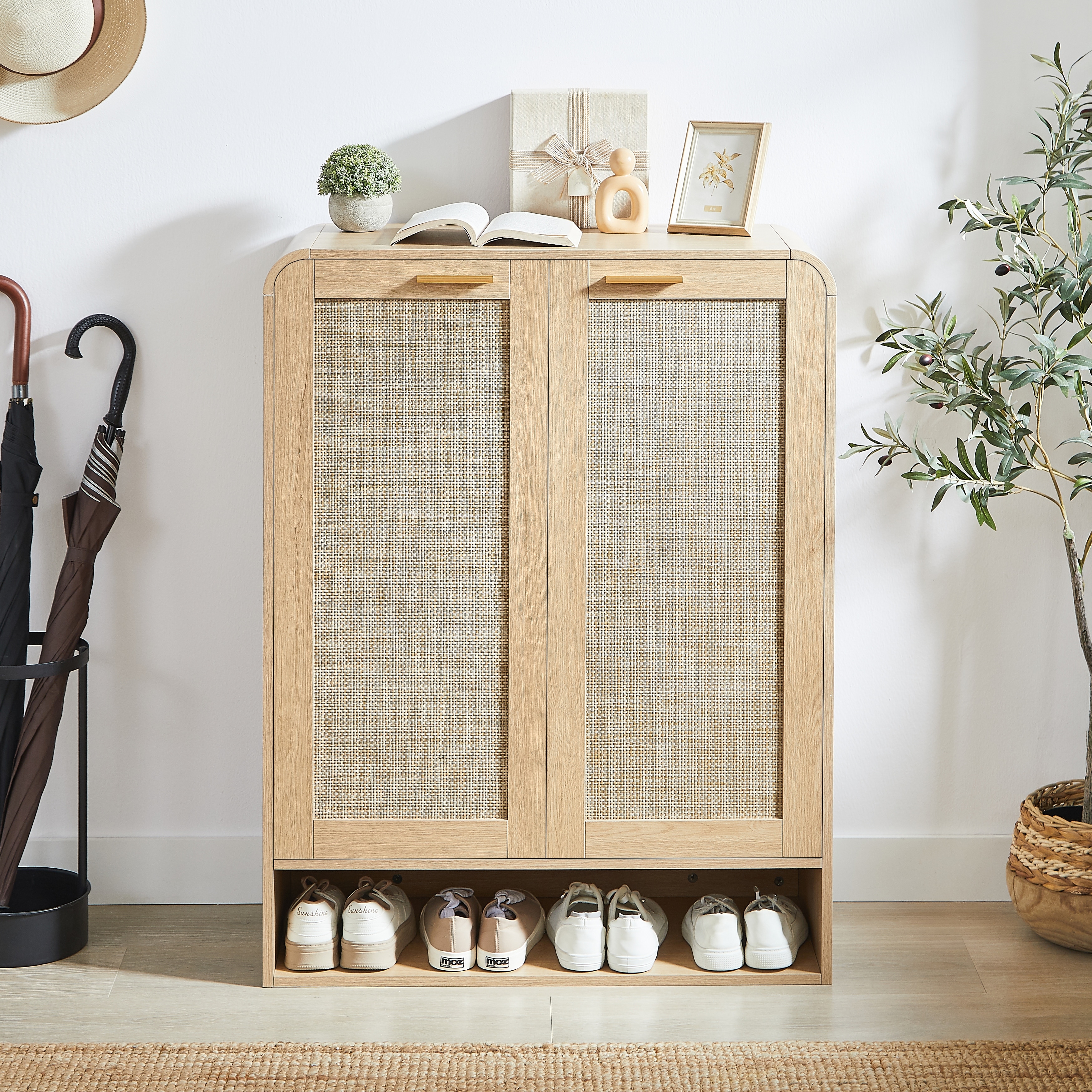 Rattan Shoe Cabinet with Doors & Open Bottom Shelf, Shoe Storage Cabinet with Adjustable Shelves, Wooden Shoes Rack Organizer